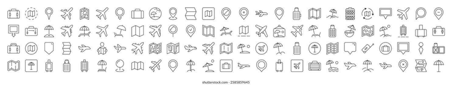 Vacation Icon Set. Contains Icons of Plane, Map, Location, Beach Umbrella that Can Be Used for Design of Cards, Posts, Apps, Web Sites
