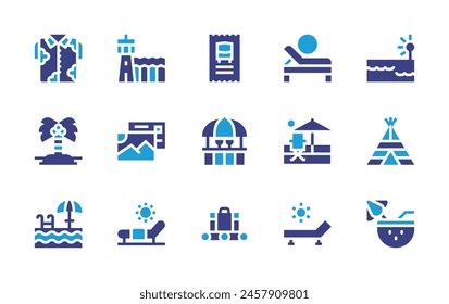 Vacation icon set. Duotone color. Vector illustration. Containing sunbed, swimmingpool, postcard, island, busticket, beach, baggage, airport, shirt, beachbar.