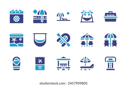 Vacation icon set. Duotone color. Vector illustration. Containing beach, rowboat, sunumbrella, calendar, hammock, summer, airplaneticket, sunbathing, sleepingbag, gazebo.
