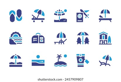 Vacation icon set. Duotone color. Vector illustration. Containing sunumbrella, island, vacations, beach, handluggage, beachumbrella, sunscreen, beachhouse.