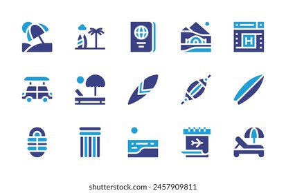 Vacation icon set. Duotone color. Vector illustration. Containing vacation, car, surfboard, passport, hiking, beach, sleepingbag, airmattress, calendar, hammock.