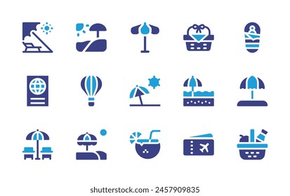 Conjunto de iconos de vacaciones. Color duotono. Ilustración vectorial. Con billete de avión, sombrilla, playa, cesta de picnic, bebida de coco, globo aerostático, beachumbrella.