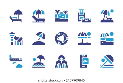 Vacation icon set. Duotone color. Vector illustration. Containing sunbed, airplane, beach, sunumbrella, luggage, float, aquapark, camp, onlinebooking.
