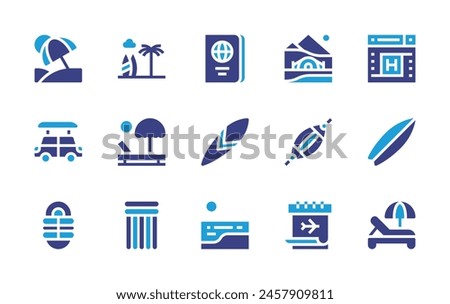 Vacation icon set. Duotone color. Vector illustration. Containing vacation, car, surfboard, passport, hiking, beach, sleepingbag, airmattress, calendar, hammock.