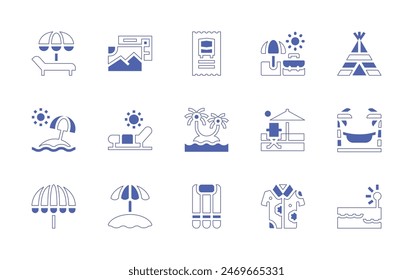 Vacation icon set. Duotone style line stroke and bold. Vector illustration. Containing shirt, vacation, sunumbrella, beach, postcard, sunbed, hammock, busticket, beachumbrella, light, airmattress.