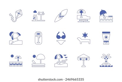 Vacation icon set. Duotone style line stroke and bold. Vector illustration. Containing bikini, beach, vacation, surfboard, kite, island, sleepingbag, umbrella, sun, sunbed, sunscreen.