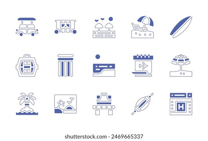 Vacation icon set. Duotone style line stroke and bold. Vector illustration. Containing car, surfboard, postcard, webpage, beach, airmattress, calendar, petcarrier, island, sunumbrella, baggage.