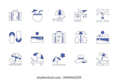 Vacation icon set. Duotone style line stroke and bold. Vector illustration. Containing coconutdrink, flipflops, sunhat, vacations, beachchair, sunbed, beach, travel, beachumbrella, palmtree, luggage.