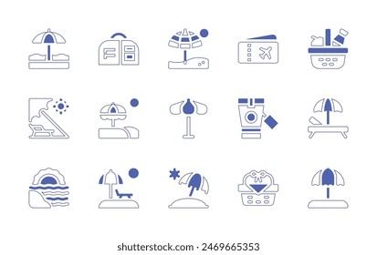 Vacation icon set. Duotone style line stroke and bold. Vector illustration. Containing airplaneticket, lounger, umbrellabeach, beach, sunumbrella, picnicbasket, handluggage, sunscreen, beachumbrella.
