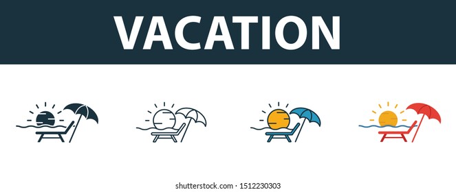Vacation icon set. Four elements in diferent styles from tourism icons collection. Creative vacation icons filled, outline, colored and flat symbols.