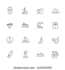 Vacation icon set. Set of line icons on white background. Travel concept. Yacht, ship, diving, palm. Travel concept. Vector illustration can be used for topics like vacation, holiday, travelling