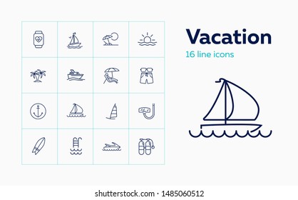 Vacation icon set. Set of line icons on white background. Travel concept. Yacht, ship, diving, palm. Travel concept. Vector illustration can be used for topics like vacation, holiday, travelling