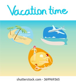 Vacation icon set. Palm on beach. Plane arrived to island. Sexy girls sunbathing on the beach.