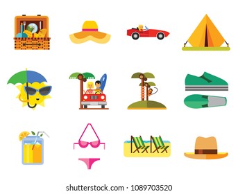 Vacation Icon Set. Picnic Basket Summer Shoes Bikini Tent Sun With Umbrella Sunglasses Womans Summer Hat Mans Hat Summer Drink Woman In Cabriolet Coconut Palms With Monkey Beach Couple In Cabriolet