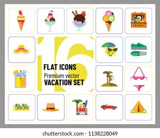 Vacation Icon Set. Picnic Basket Summer Shoes Bikini Tent Sun With Umbrella Sunglasses Womans Summer Hat Mans Hat Summer Drink Woman In Cabriolet Coconut Palms With Monkey Beach Couple In Cabriolet