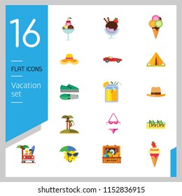 Vacation Icon Set. Picnic Basket Summer Shoes Bikini Tent Sun With Umbrella Sunglasses Womans Summer Hat Mans Hat Summer Drink Woman In Cabriolet Coconut Palms With Monkey Beach Couple In Cabriolet