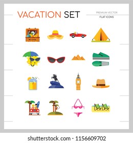 Vacation Icon Set. Picnic Basket Summer Shoes Bikini Tent Sun With Umbrella Sunglasses Womans Summer Hat Mans Hat Summer Drink Woman In Cabriolet Coconut Palms With Monkey Beach Couple In Cabriolet