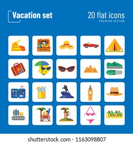 Vacation Icon Set. Picnic Basket Summer Shoes Bikini Tent Sun With Umbrella Sunglasses Womans Summer Hat Mans Hat Summer Drink Woman In Cabriolet Coconut Palms With Monkey Beach Couple In Cabriolet