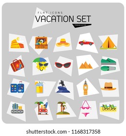 Vacation Icon Set. Picnic Basket Summer Shoes Bikini Tent Sun With Umbrella Sunglasses Womans Summer Hat Mans Hat Summer Drink Woman In Cabriolet Coconut Palms With Monkey Beach Couple In Cabriolet