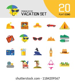 Vacation Icon Set. Picnic Basket Summer Shoes Bikini Tent Sun With Umbrella Sunglasses Womans Summer Hat Mans Hat Summer Drink Woman In Cabriolet Coconut Palms With Monkey Beach Couple In Cabriolet