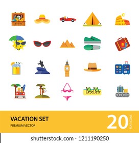 Vacation Icon Set. Picnic Basket Summer Shoes Bikini Tent Sun With Umbrella Sunglasses Womans Summer Hat Mans Hat Summer Drink Woman In Cabriolet Coconut Palms With Monkey Beach Couple In Cabriolet