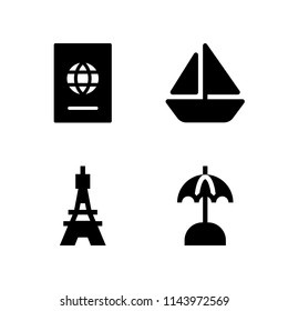 vacation icon set with sun umbrella, eiffel tower and boat vector icons for web and graphic design