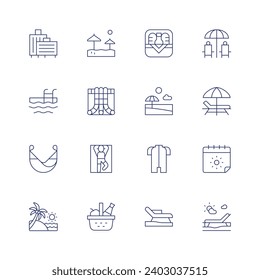 Vacation icon set. Thin line icon. Editable stroke. Containing baggage, hammock, swimming pool, beach, picnic basket, water park, sunbathing, sunbed, vacation, sun umbrella, summer holidays, calendar.