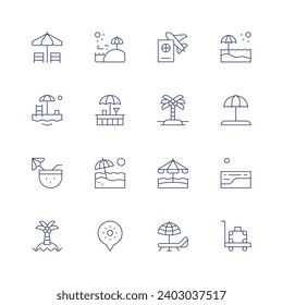Juego de iconos de vacaciones. Icono de línea delgada. Trazo editable. Consta de parasol, playa, cóctel, sombrilla, viajes, bar de playa, isla, vacaciones, vacaciones, equipaje.