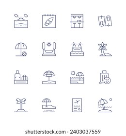 Vacation icon set. Thin line icon. Editable stroke. Containing beach, calendar, umbrella, hammock, conveyor, sun umbrella, island, beach bar, visa, fins, coconut tree, travel.