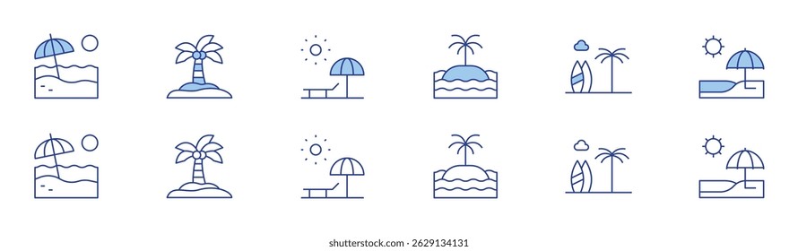 Vacation icon set in two styles, Duotone and Thin Line style. Editable stroke. beach, island, coconut tree, sunbed.
