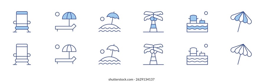Vacation icon set in two styles, Duotone and Thin Line style. Editable stroke. beach chair, palm tree, sunbed, sunbathe, sun umbrella