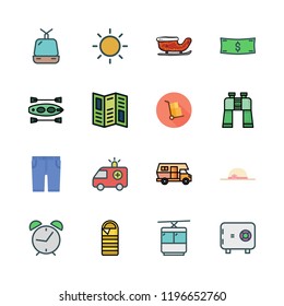 vacation icon set. vector set about shorts, packs, alarm clock id and money id icons set.