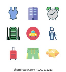 vacation icon set. vector set about flat, suitcase, car and swimsuit icons set.
