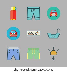 vacation icon set. vector set about landscape, sunset, short and thermos icons set.