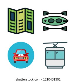 vacation icon set. vector set about road map, car, cable car cabin and canoe icons set.