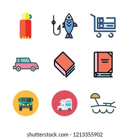 vacation icon set. vector set about car, fishing, caravan and trolley icons set.