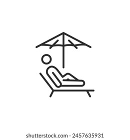 Vacation icon. A simplistic representation of a person reclining on a lounge chair under an umbrella, embodying the essence of relaxation and holiday leisure. Vector illustration