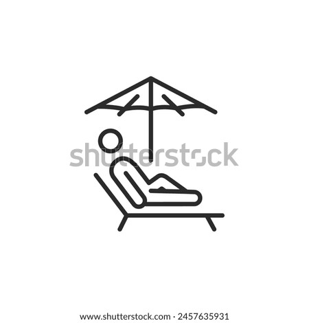 Vacation icon. A simplistic representation of a person reclining on a lounge chair under an umbrella, embodying the essence of relaxation and holiday leisure. Vector illustration