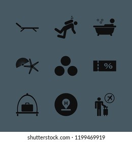 vacation icon. vacation vector icons set hotel location, snowballs, person in bath and baggage cart