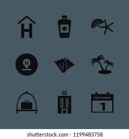 vacation icon. vacation vector icons set shell starfish, hotel sign, flippers and hotel location