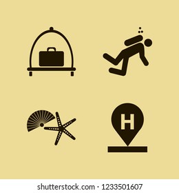 vacation icon. vacation vector icons set diver, shell starfish, hotel location and baggage cart