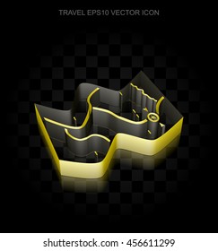 Vacation icon: Yellow 3d Map made of paper tape on black background, transparent shadow, EPS 10 vector illustration.