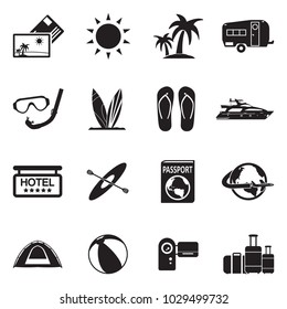 Vacation Icons. Black Flat Design. Vector Illustration. 