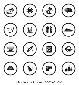 Vacation Icons. Black Flat Design In Circle. Vector Illustration.