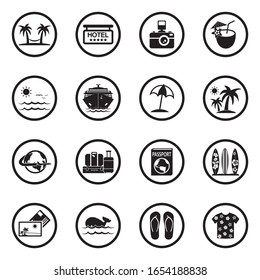 Vacation Icons. Black Flat Design In Circle. Vector Illustration.