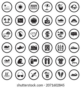 Vacation Icons. Black Flat Design In Circle. Vector Illustration.