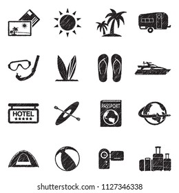 Vacation Icons. Black Scribble Design. Vector Illustration.