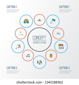 Vacation icons colored line set with fishing, destination, backpack and other hiking shoes elements. Isolated vector illustration vacation icons.