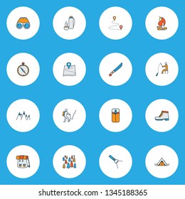 Vacation icons colored line set with thermos, fishing, hunting knife and other climbing elements. Isolated vector illustration vacation icons.