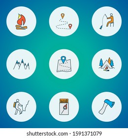 Vacation icons colored line set with camping, matchbox, hiking man and other tourism elements. Isolated vector illustration vacation icons.